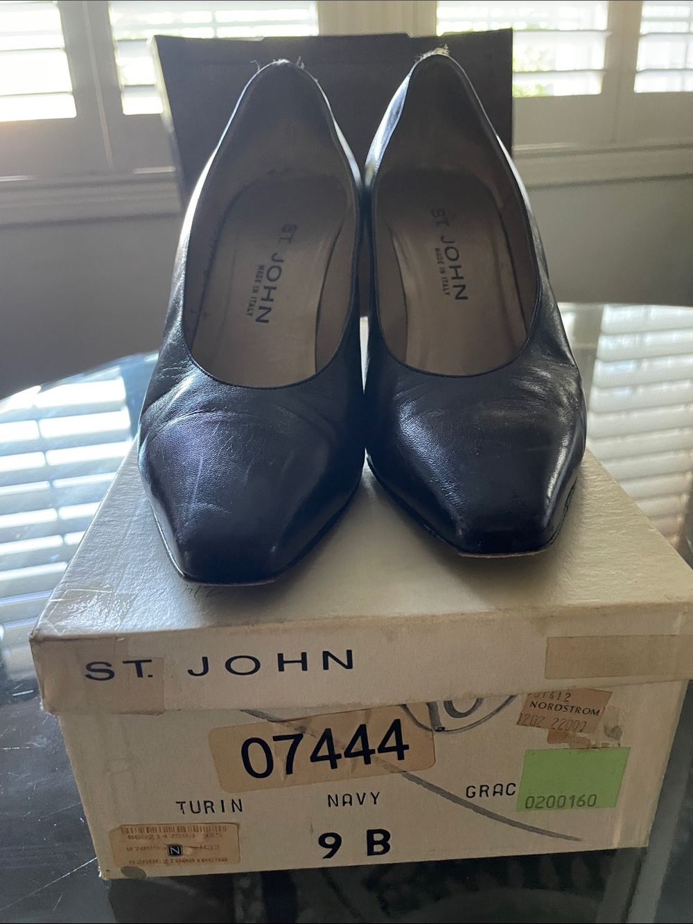 St. John Navy Leather Pointed-Toe Pumps